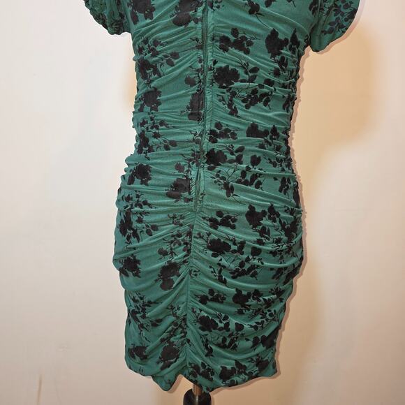 Dear Moon Womens Green Velvet Burnout Floral Bodycon Dress Small Ruched Fairy - Picture 6 of 7